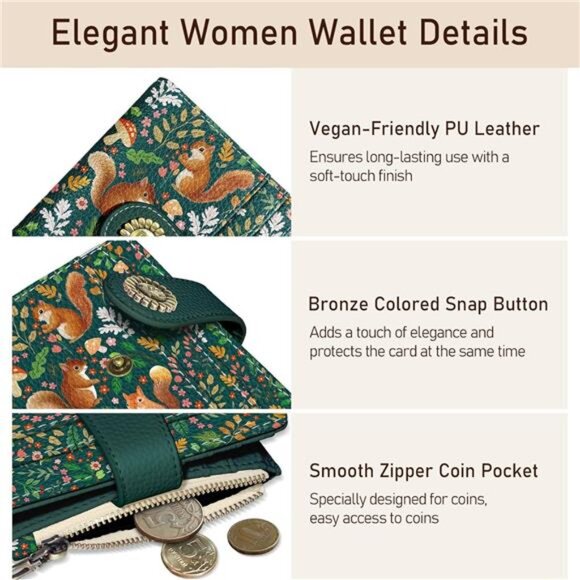 Small Wallet Zipper Coin Pocket PU Leather Cute Squirrels - Picture 6 of 6